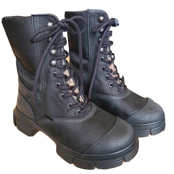Ganni combat boots rubbershell faux fur Black Chunky Log Sole Boots 5/35 new